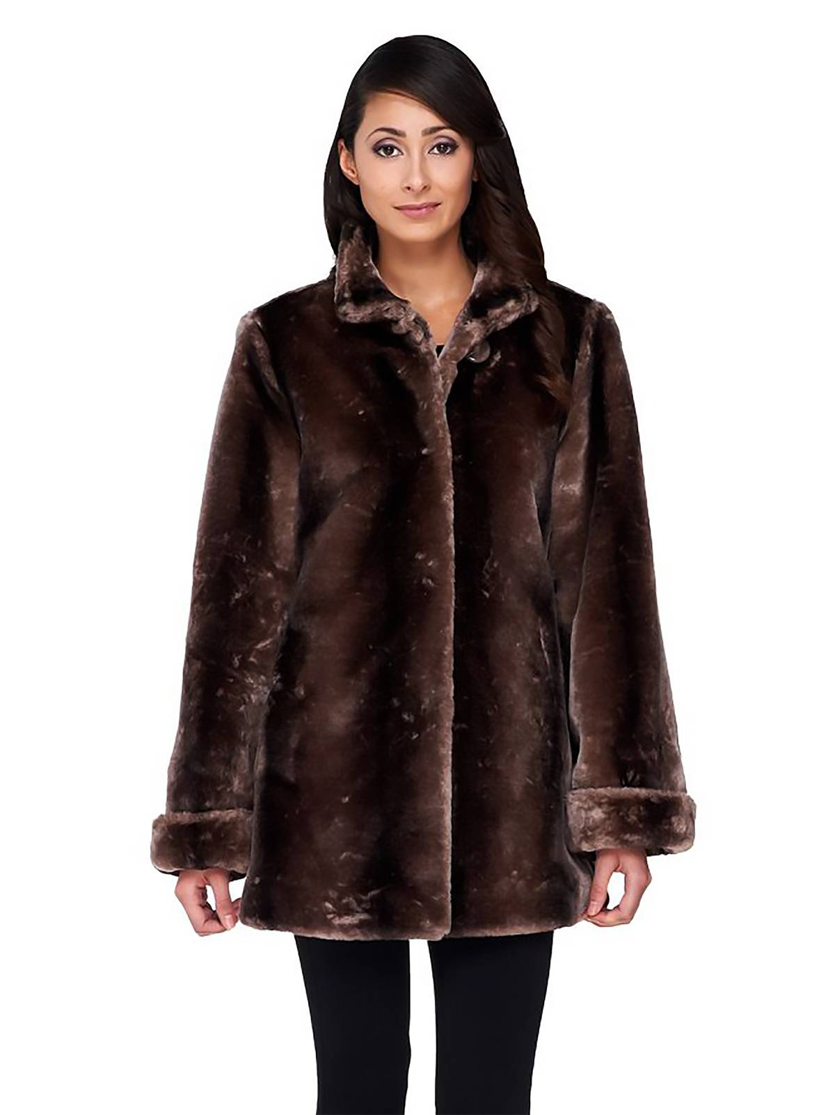 DENNIS BASSO Size L Tipped Faux Mink Fur Stand Collar Coat COFFEE BROWN