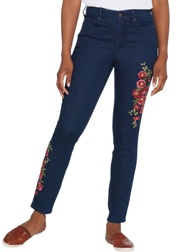 MARTHA STEWART Size 22W Embroidered 5-Pocket Ankle Jeans INDIGO / PINK ...