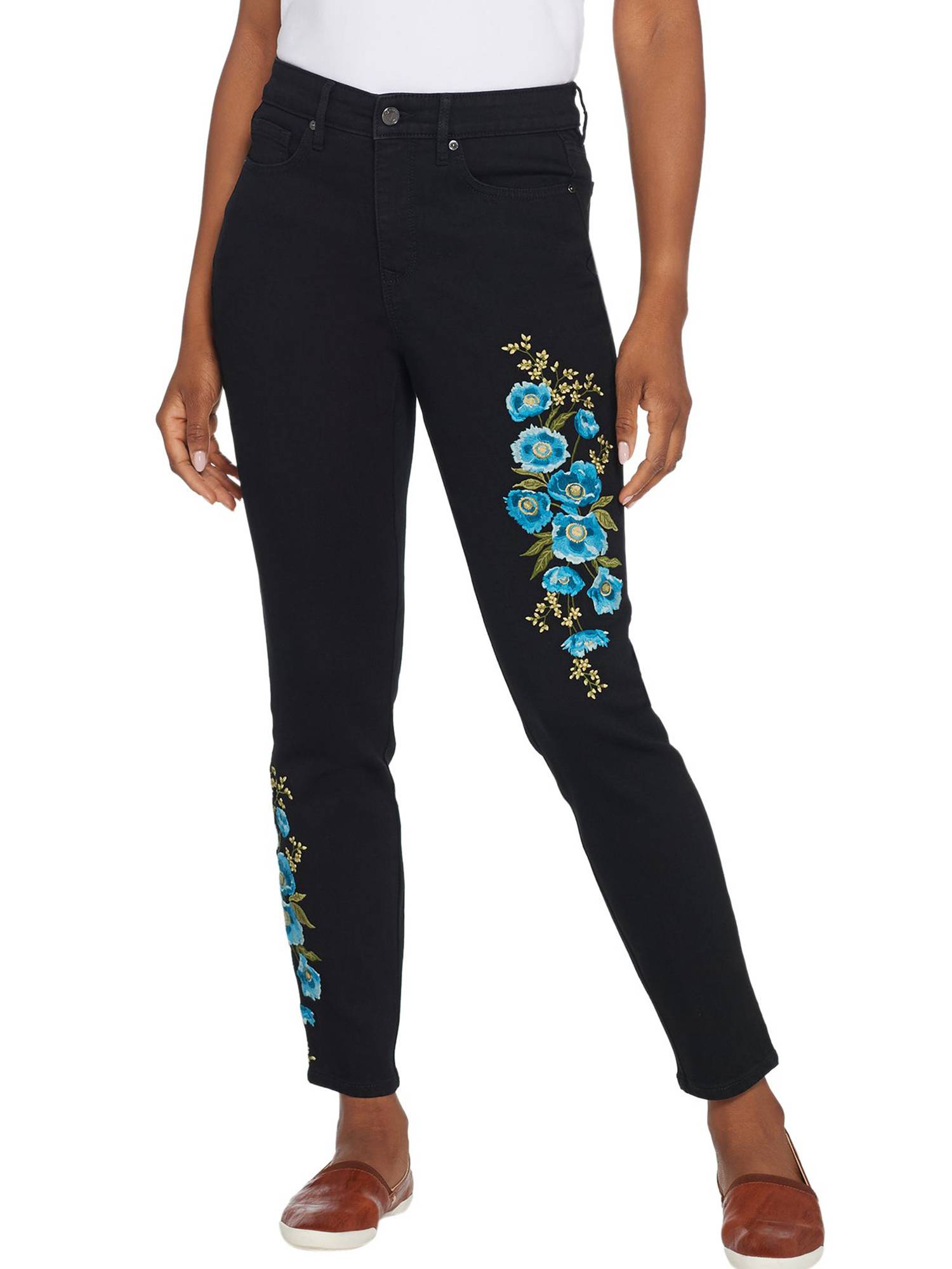 MARTHA STEWART Size 14P Embroidered 5-Pocket Ankle Jeans BLACK / BLUE ...