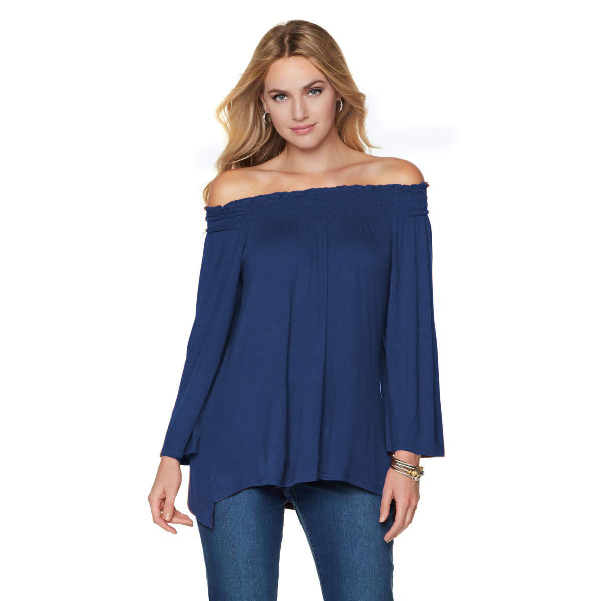 DIANE GILMAN Size L Off-the-Shoulder Tunic Top NAVY – NYC Moda Boutique