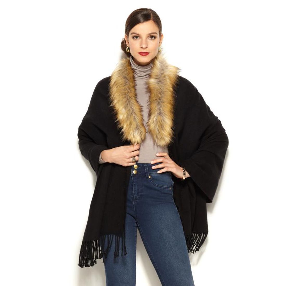 IMAN Platinum Fringe Faux Fur Woven Dramatic Wrap Jet BLACK One Size – NYC  Moda Boutique