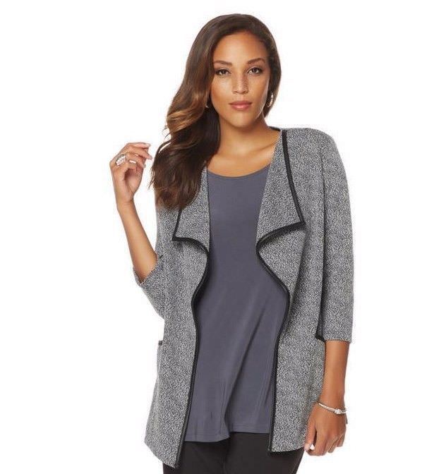 SLINKY BRAND Size M Boucle Jacket Faux Leather Trim and Pockets BLACK /  TAUPE – NYC Moda Boutique